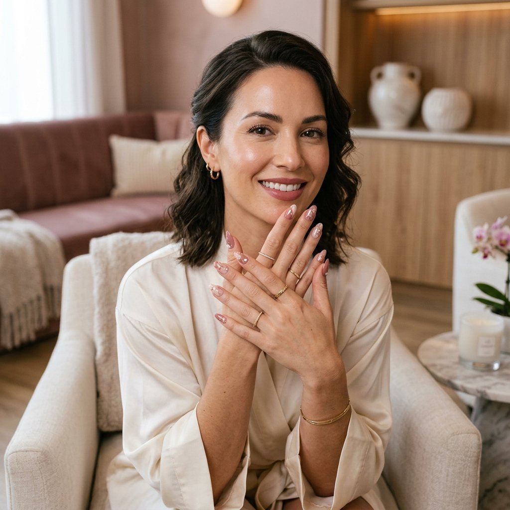 Elegant woman showing gel nail art in a luxury spa